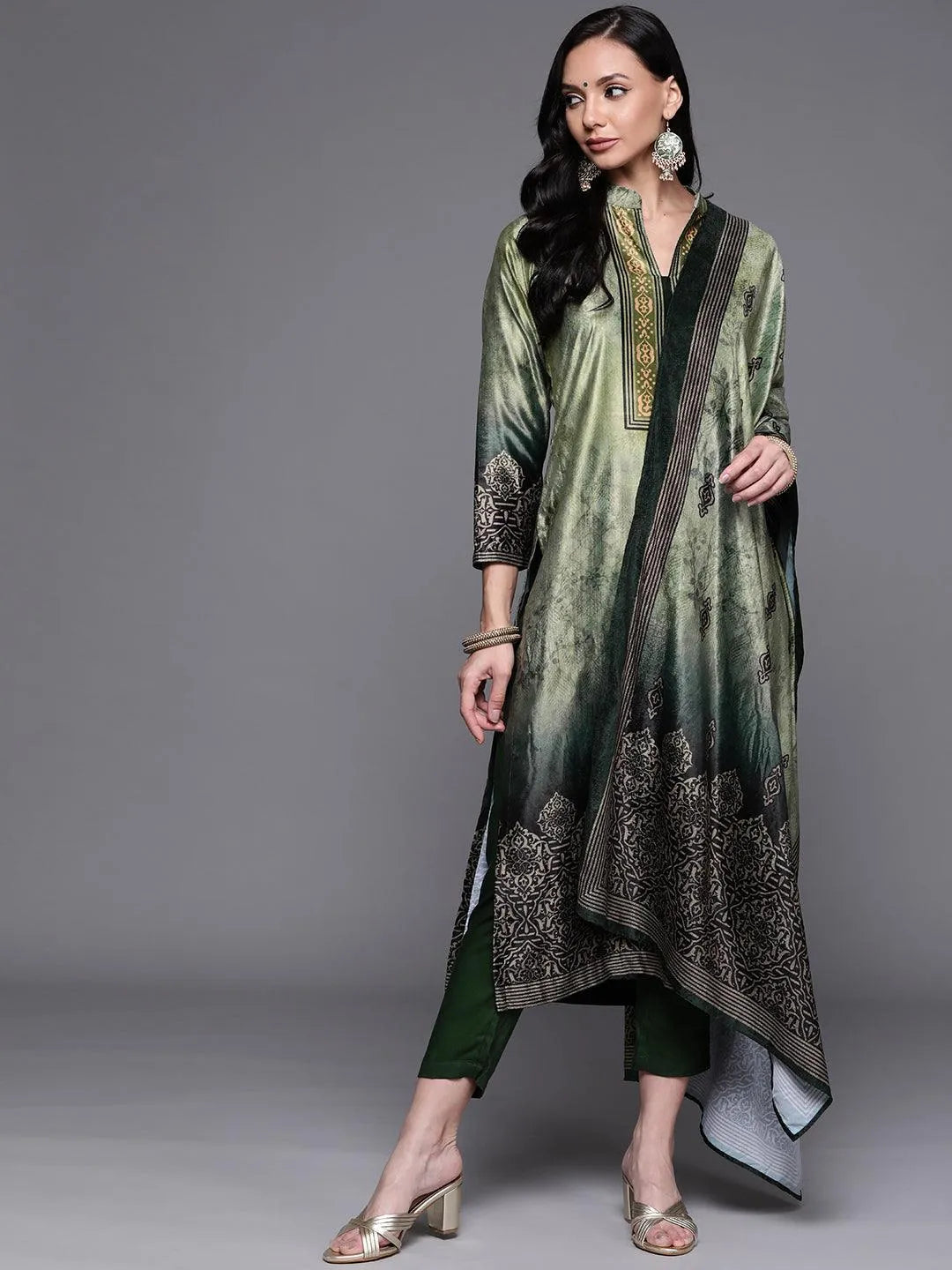 Green Printed Velvet Suit Set - Jashvi