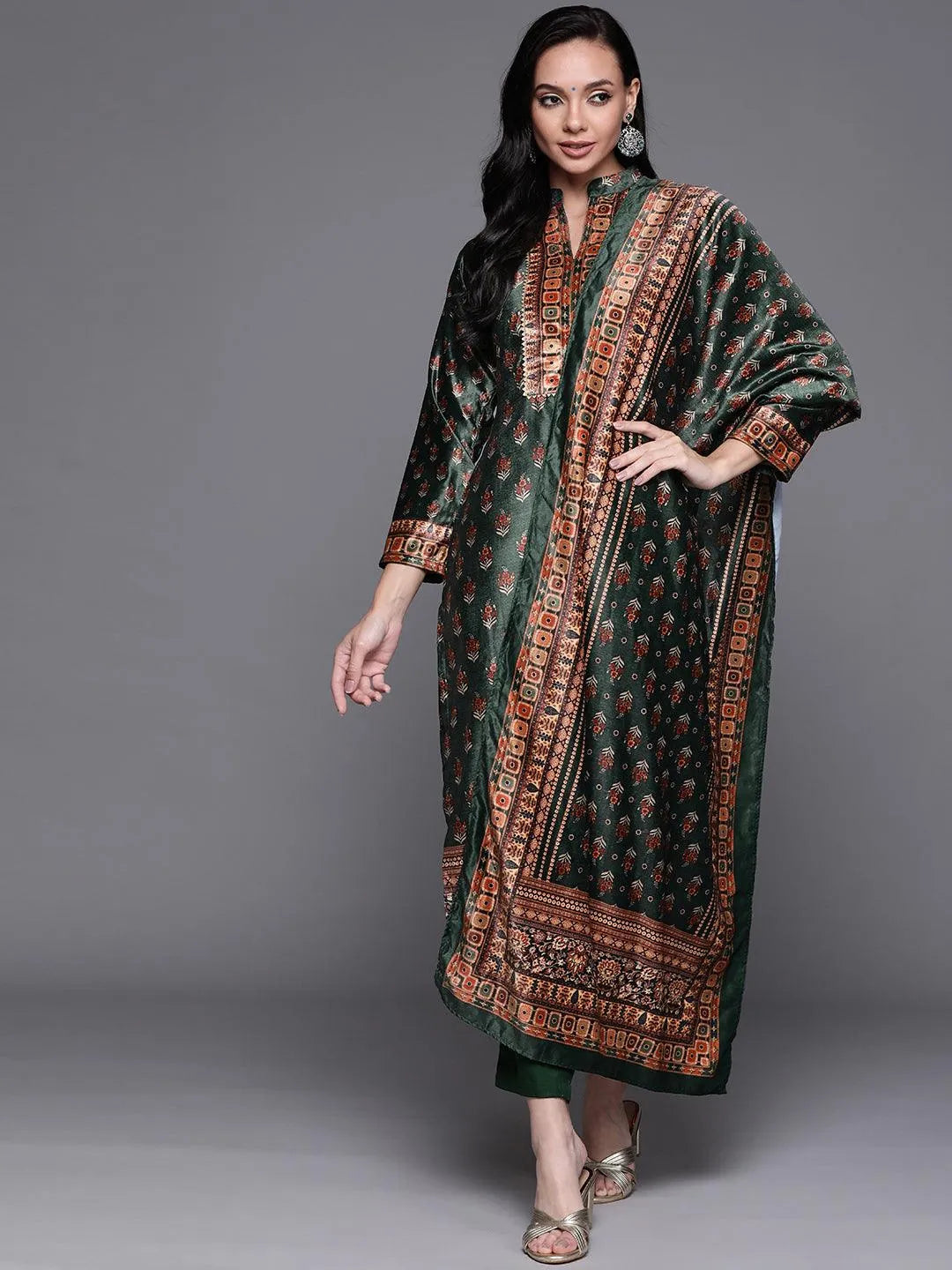 Green Printed Velvet Suit Set - Jashvi