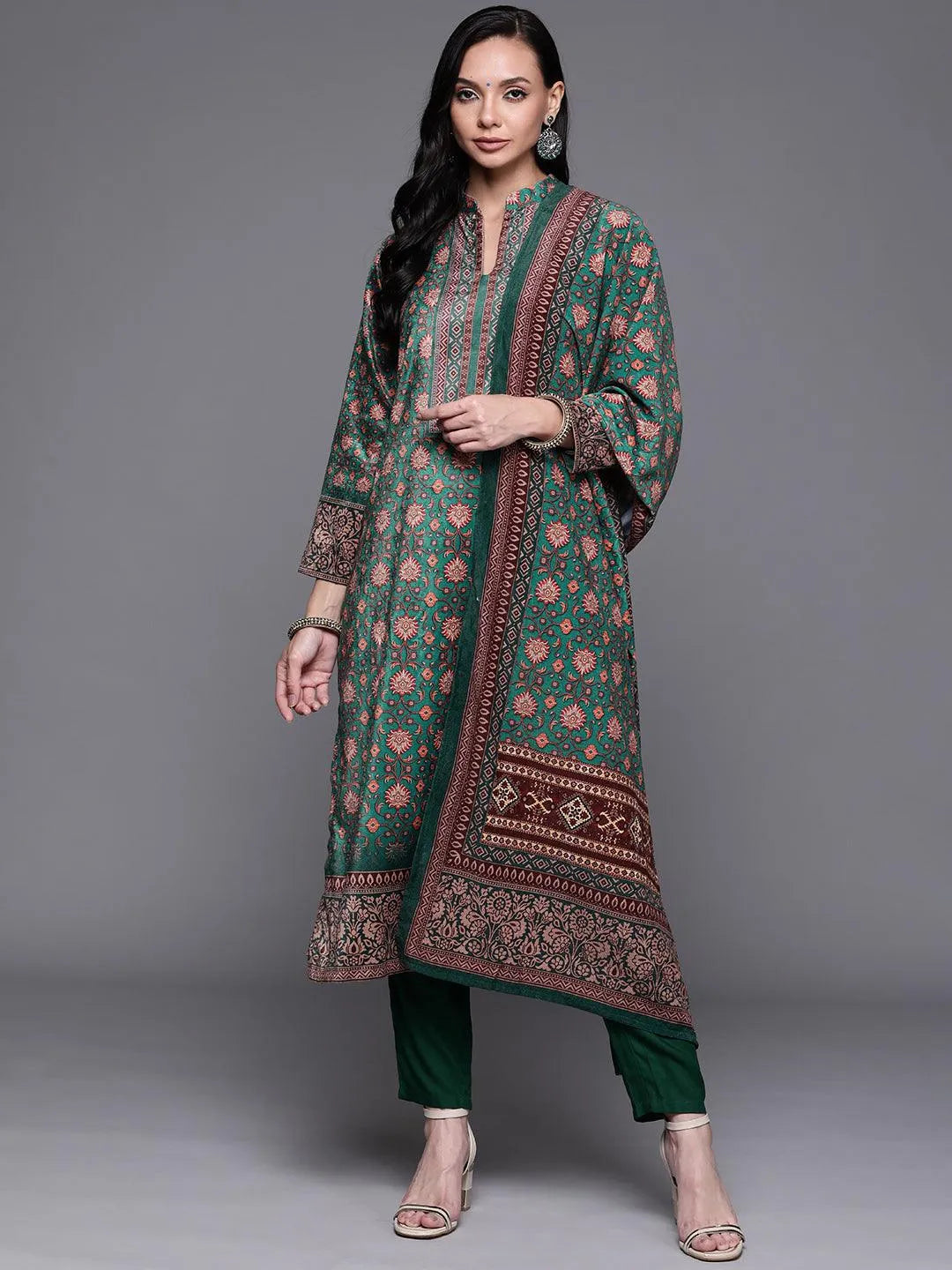 Green Printed Velvet Suit Set - Jashvi