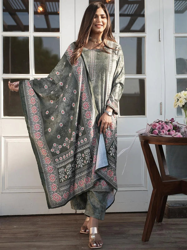 Green Printed Velvet Straight Kurta With Dupatta - Jashvi