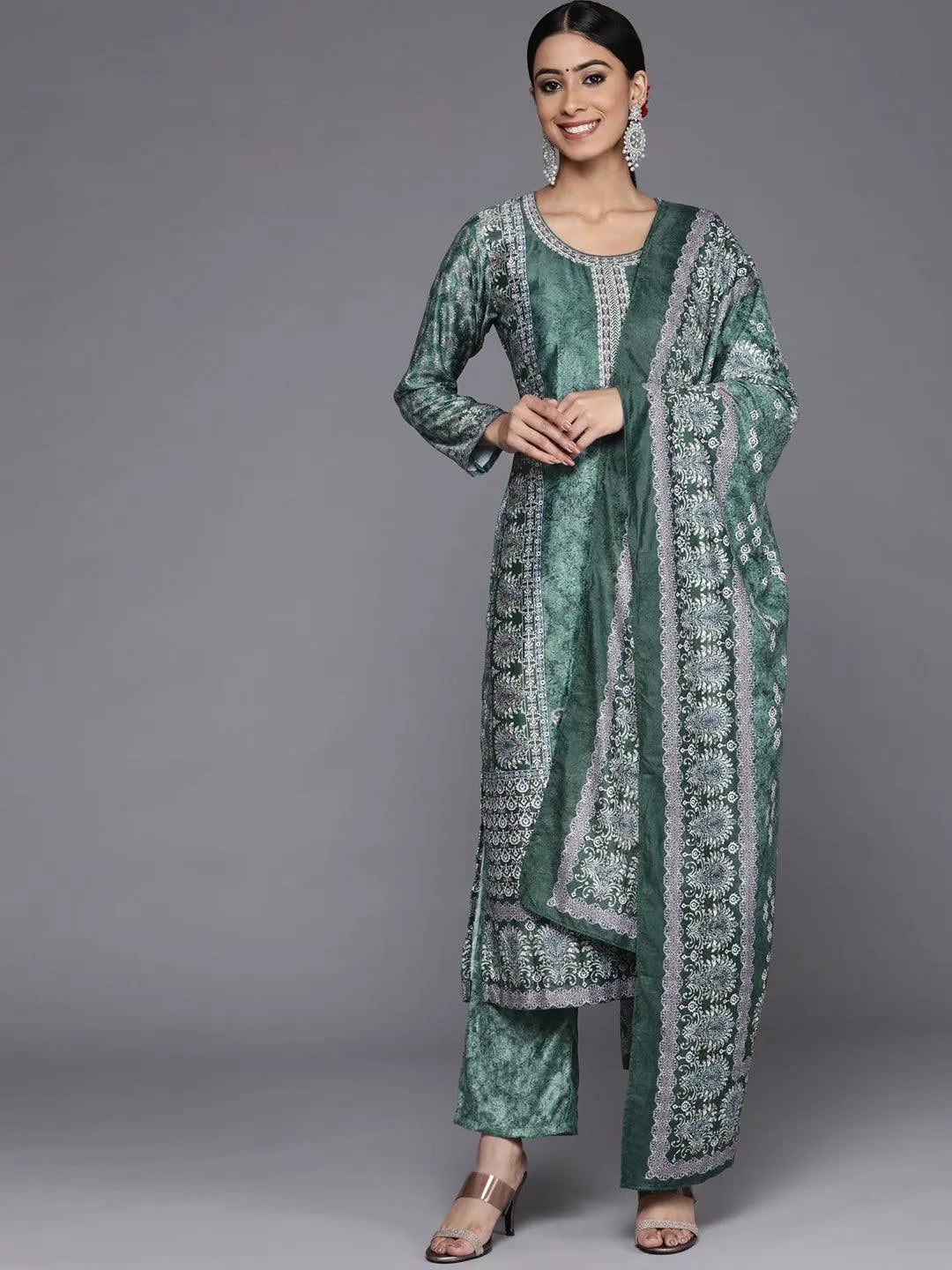 Green Printed Velvet Straight Suit Set With Trousers - Jashvi