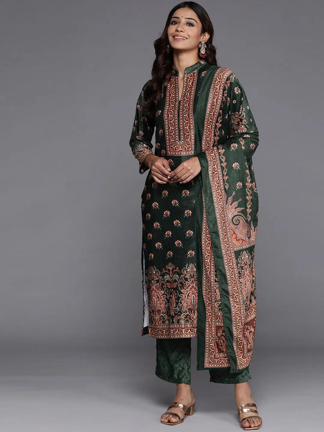 Green Printed Velvet Straight Suit Set With Trousers - Jashvi