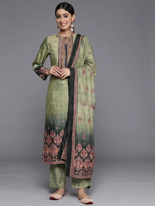 Green Printed Velvet Straight Suit Set With Trousers - Jashvi