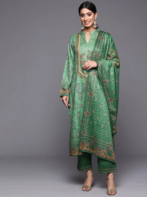 Green Printed Wool Straight Suit Set - Jashvi