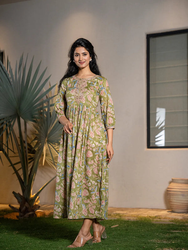 Green Pure Cotton Dori Embroidery Dress-Indiakreations-JS1691DRSGRS