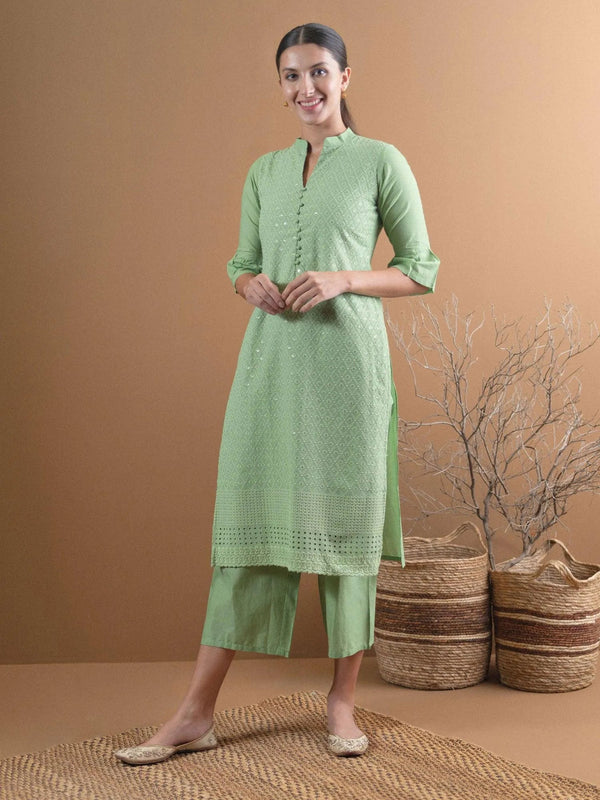 Green Schiffli Cotton Kurta Set - Jashvi