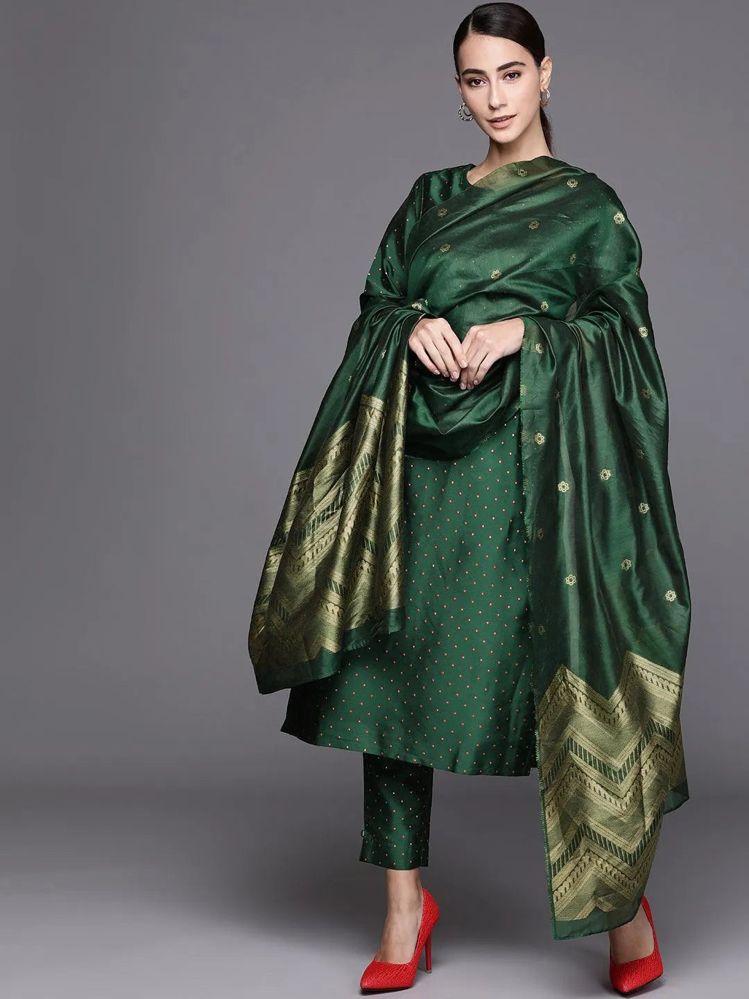 Green Self Design Art Silk Suit Set - Jashvi