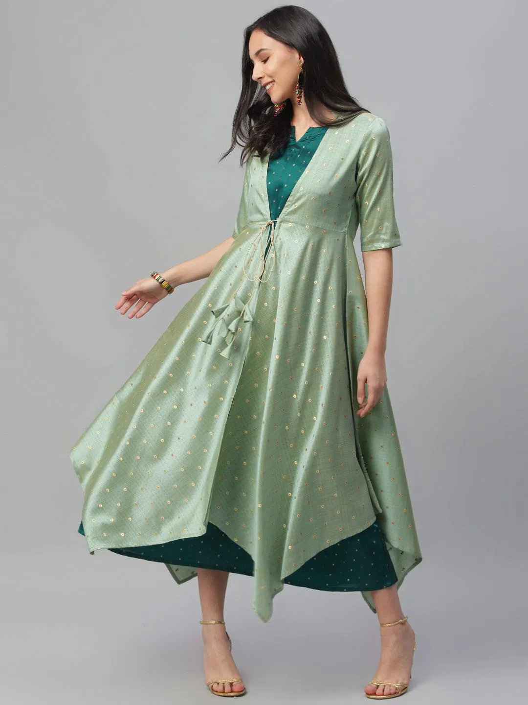 Green Self Design Chanderi Dress With Shrug - Jashvi