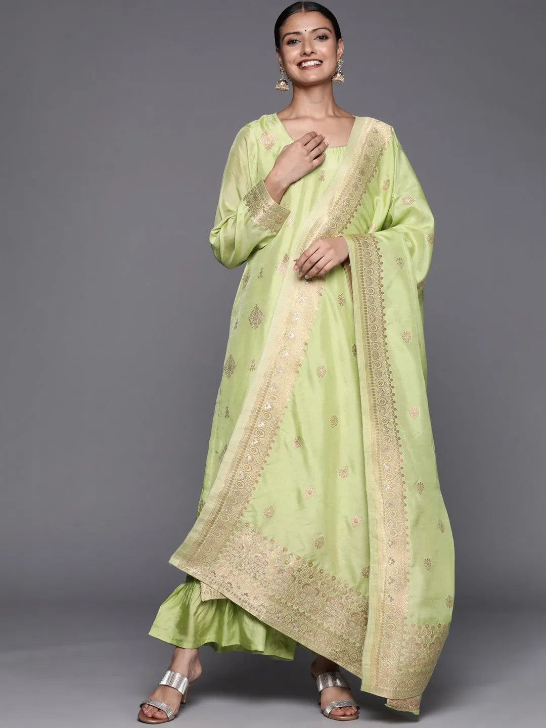 Green Self Design Chanderi Silk Straight Suit Set - Jashvi