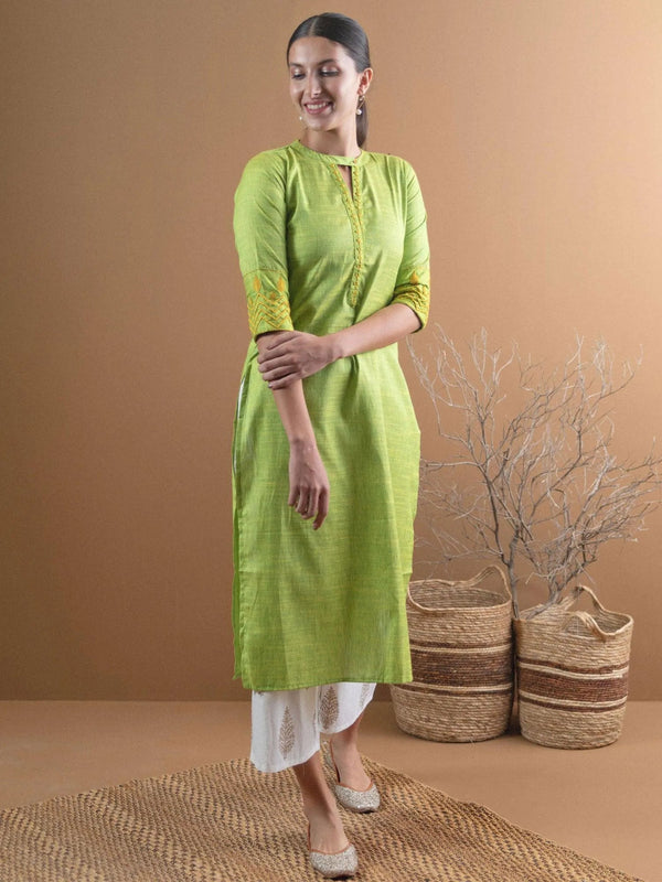 Green Self Design Cotton Kurta - Jashvi