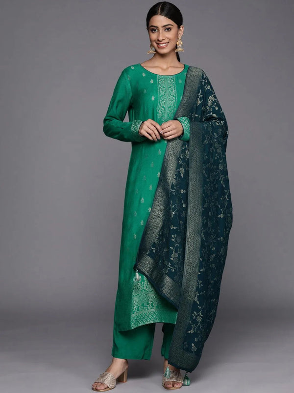 Green Self Design Pashmina Wool Straight Suit Set - Jashvi