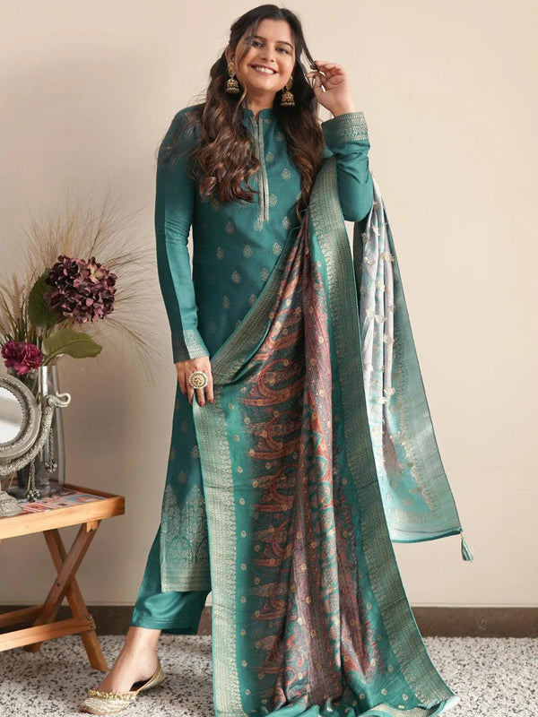 Green Self Design Pashmina Wool Straight Suit Set - Jashvi