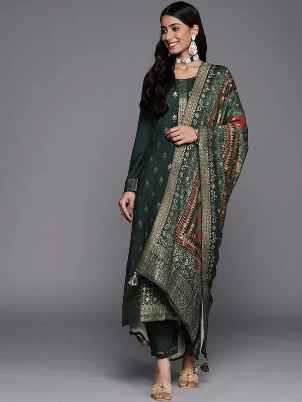 Green Self Design Pashmina Wool Straight Suit Set - Jashvi