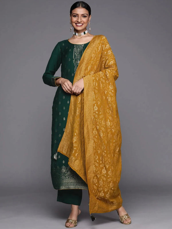 Green Self Design Pashmina Wool Straight Suit Set - Jashvi