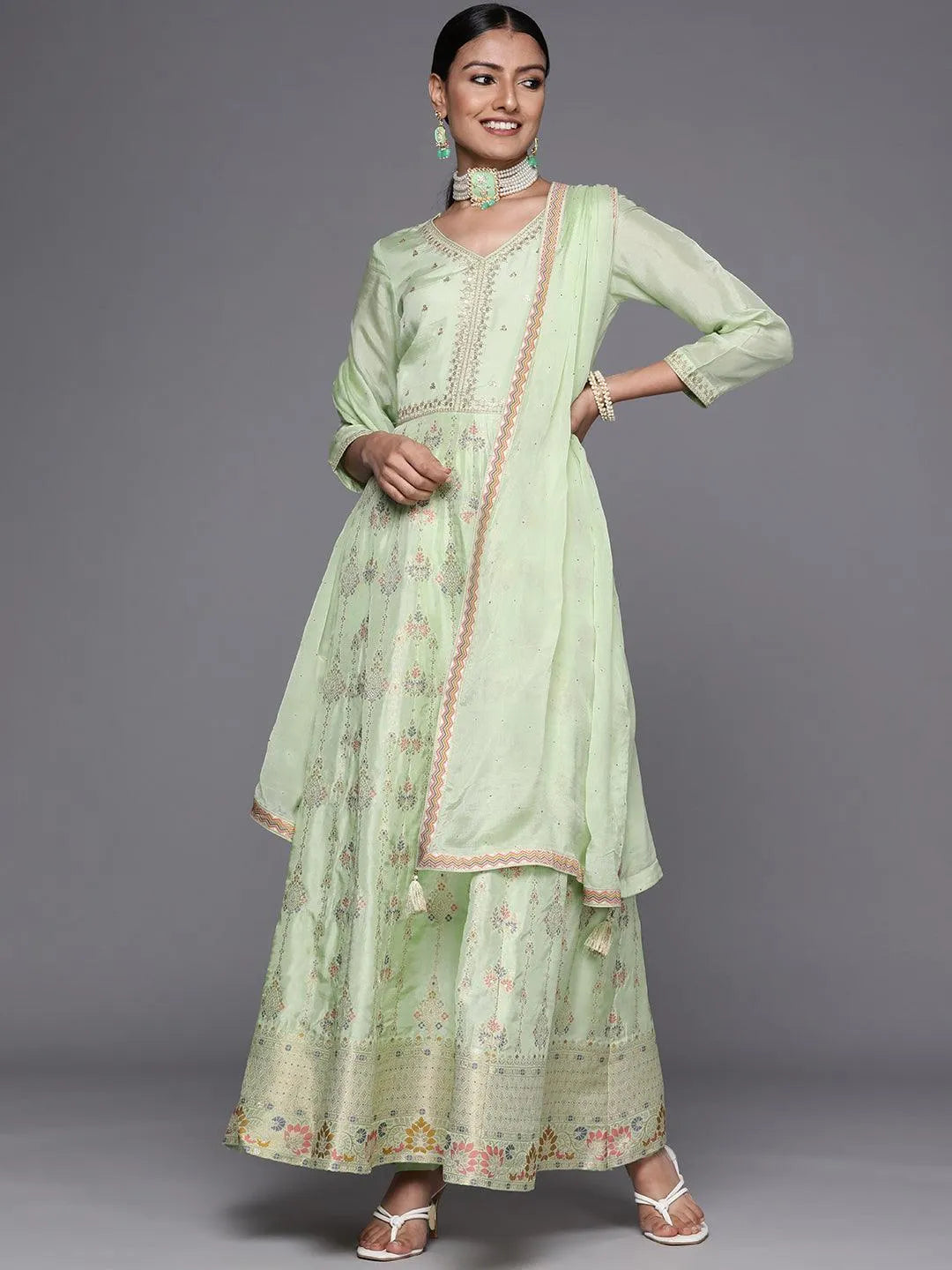 Green Self Design Silk Anarkali Suit Set - Jashvi