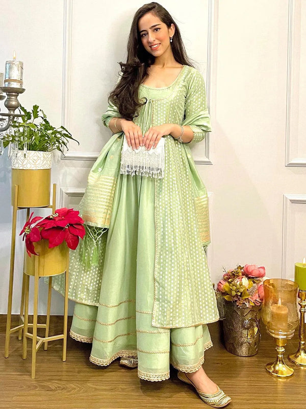 Green Self Design Silk Suit Set - Jashvi