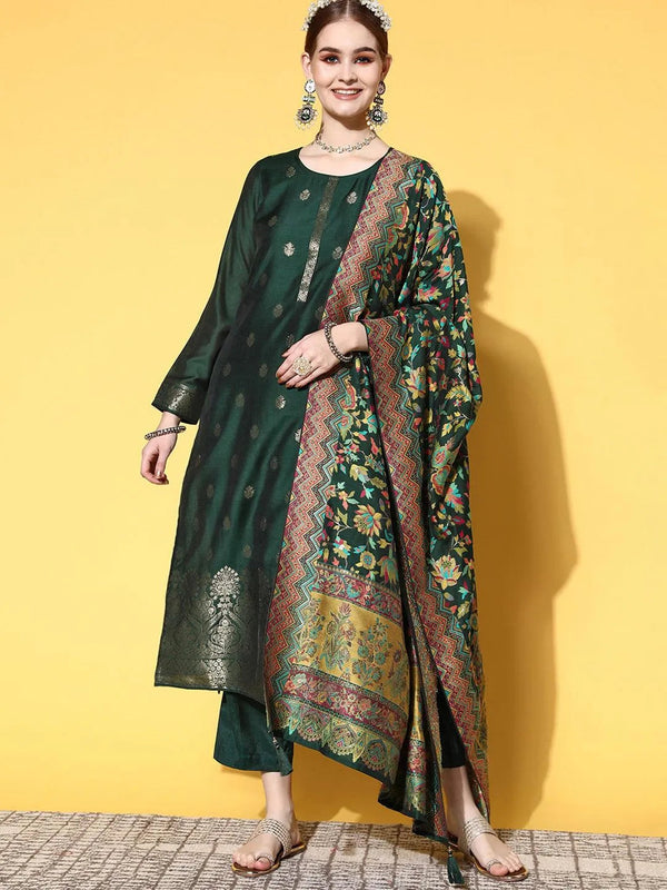 Green Self Design Silk Blend Straight Suit Set - Jashvi