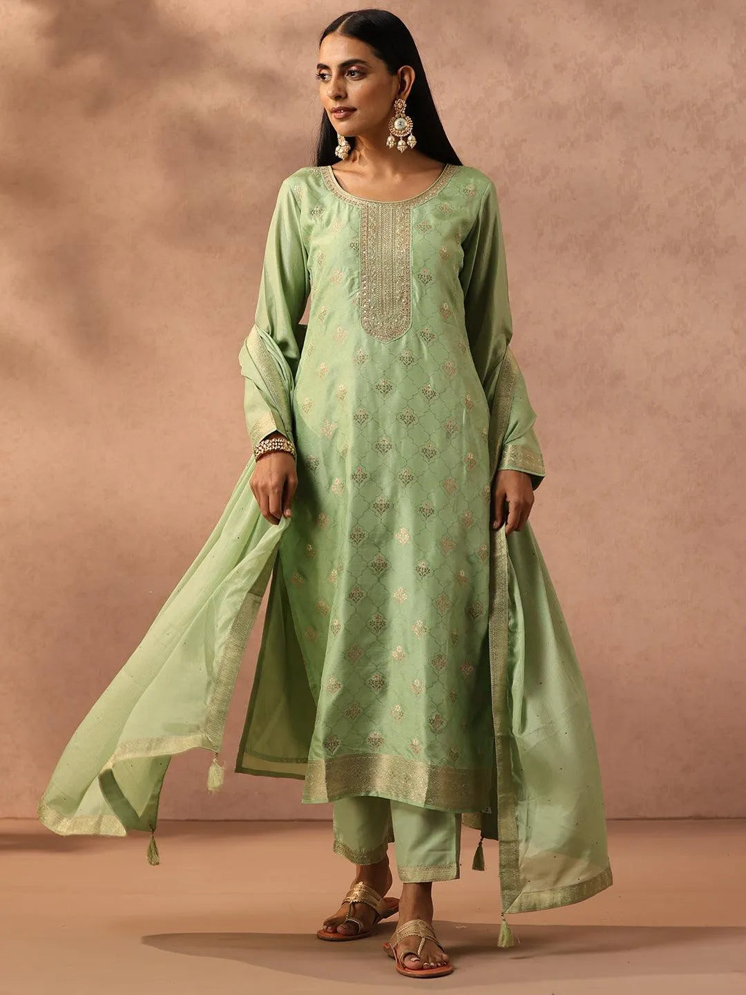 Green Self Design Silk Blend Suit Set With Trousers - Jashvi