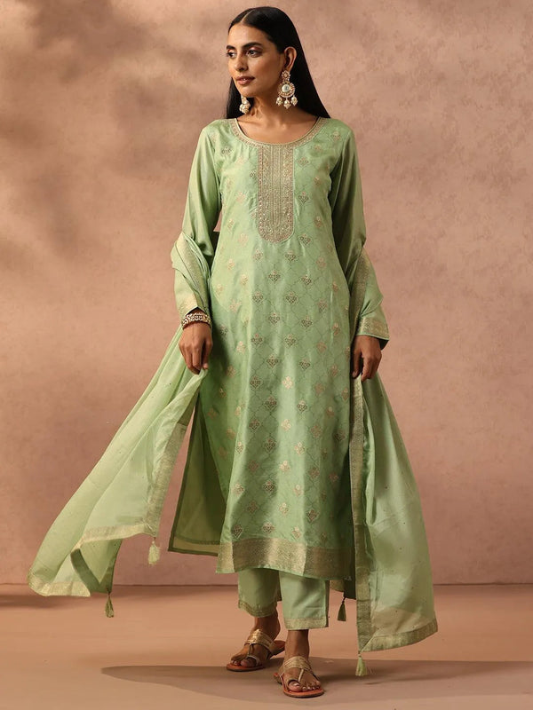 Green Self Design Silk Blend Suit Set With Trousers - Jashvi