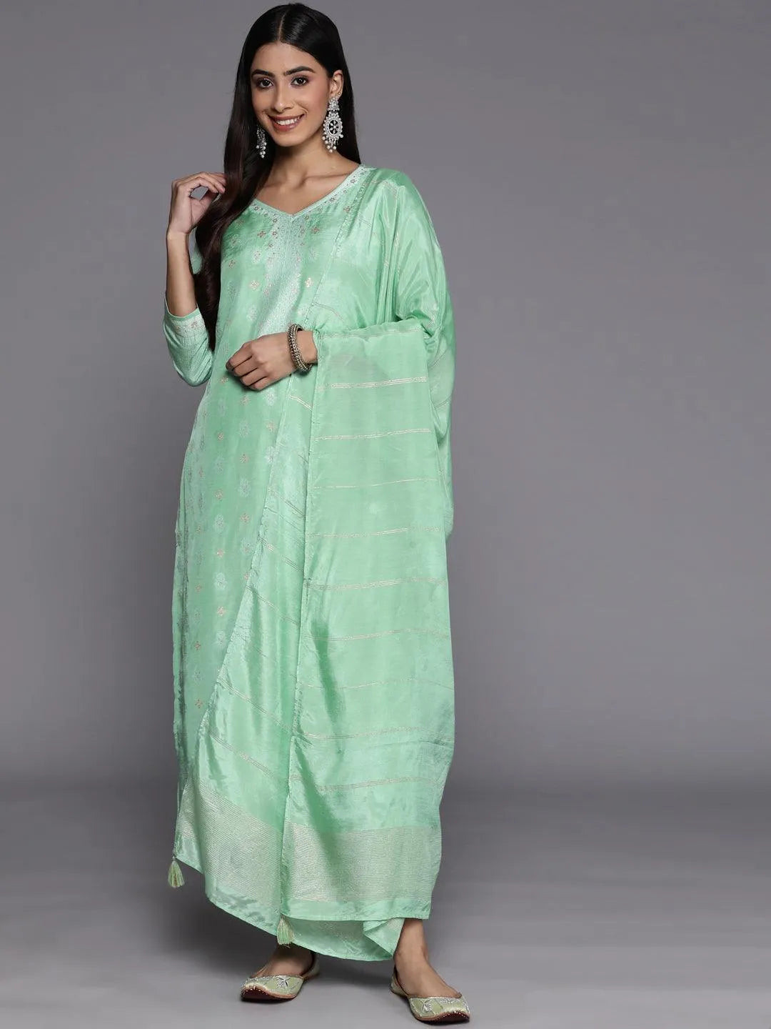 Green Self Design Silk Blend Suit Set With Trousers - Jashvi