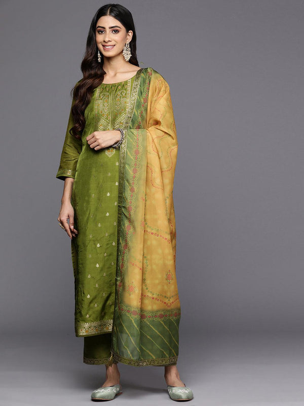 Green Self Design Silk Blend Straight Suit Set With Trousers - Jashvi