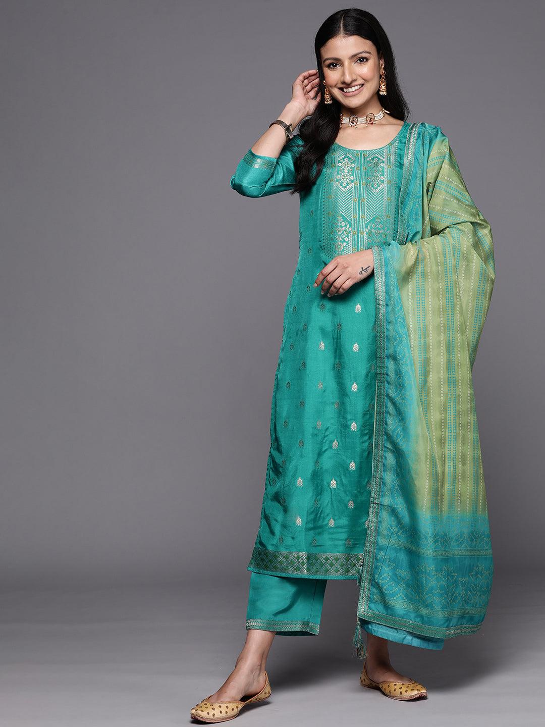 Green Self Design Silk Blend Straight Suit Set With Trousers - Jashvi