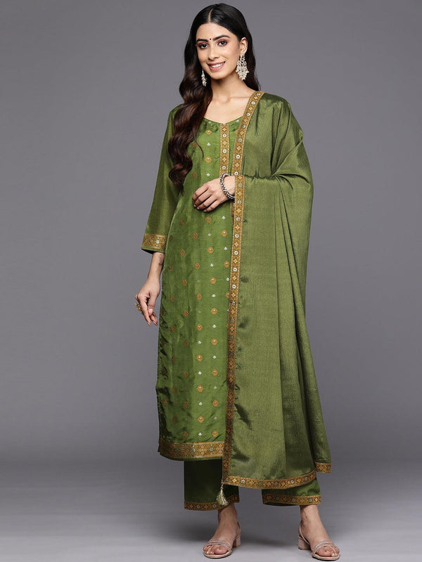 Green Self Design Silk Blend Straight Suit Set With Trousers - Jashvi