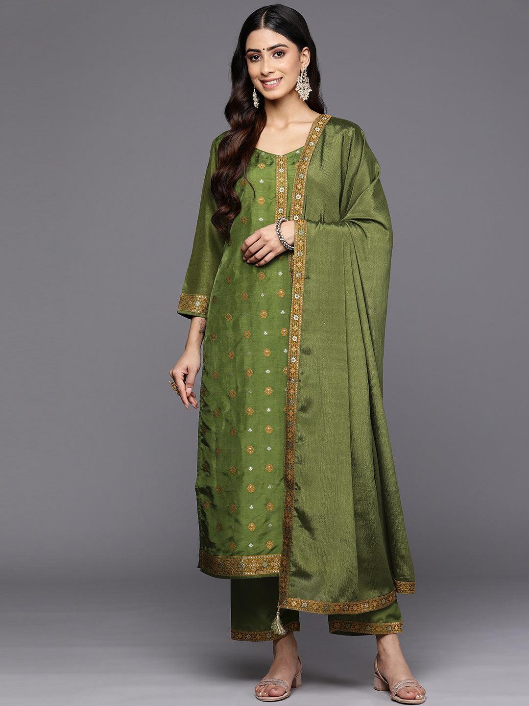 Green Self Design Silk Blend Straight Suit Set With Trousers - Jashvi