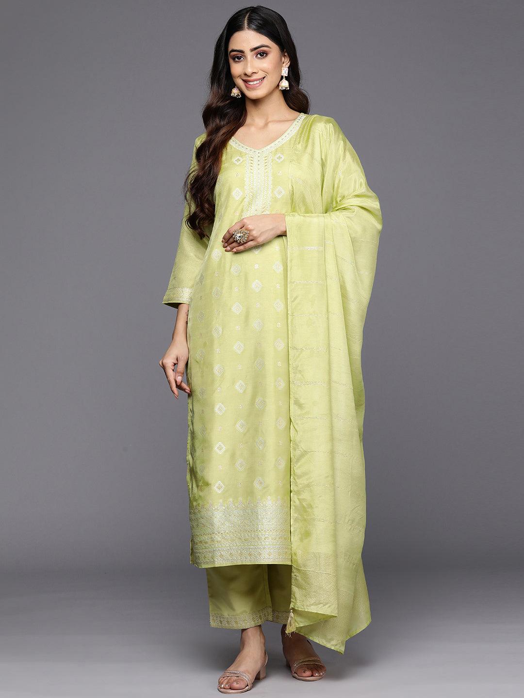 Green Self Design Silk Blend Straight Suit Set With Trousers - Jashvi