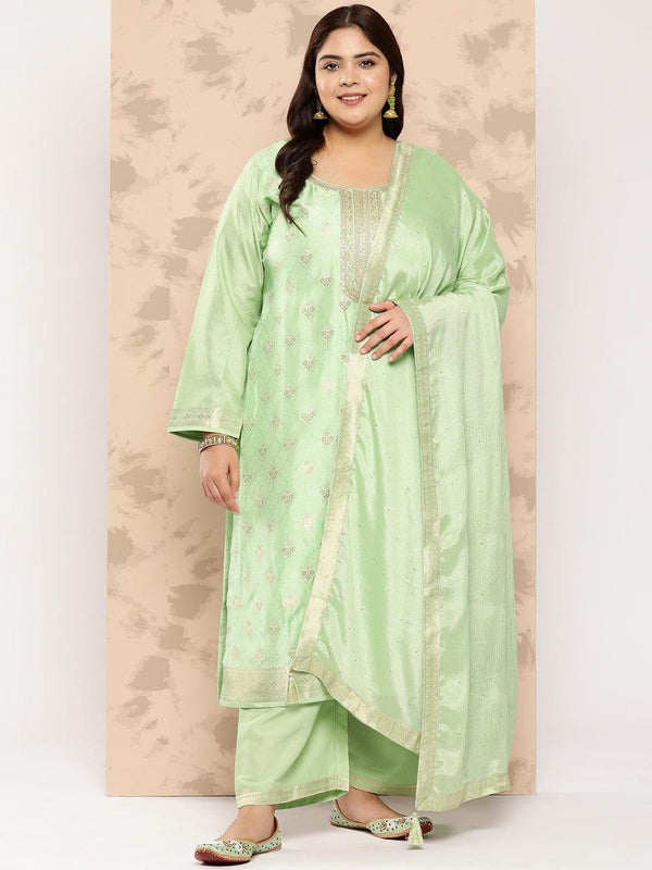 Green Self Design Silk Blend Straight Kurta With Trousers and Dupatta - Jashvi