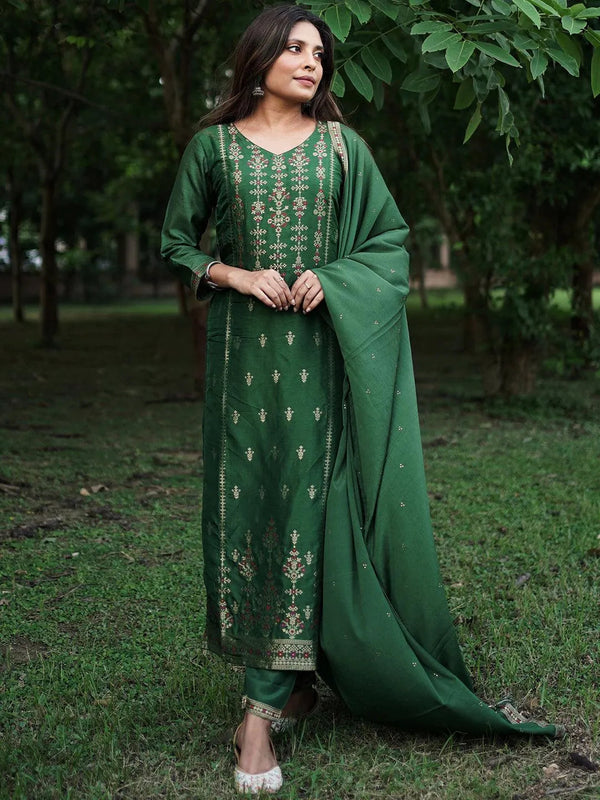 Green Self Design Silk Suit Set - Jashvi