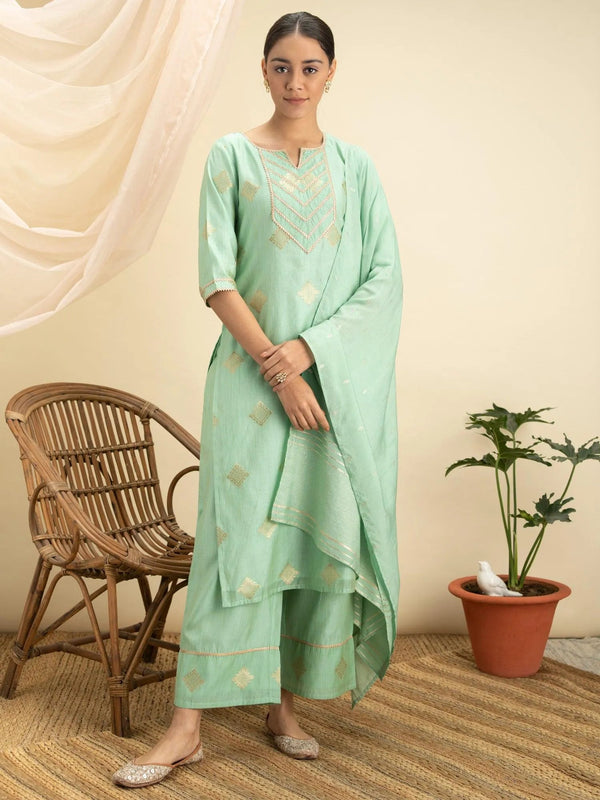 Green Self Design Silk Suit Set - Jashvi