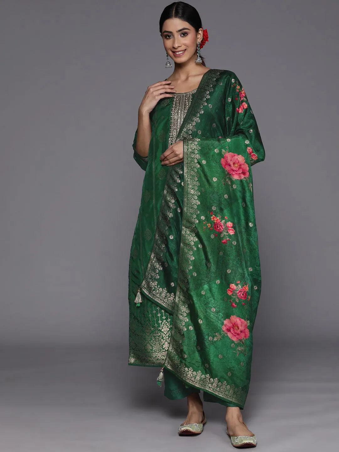 Green Self Design Silk Suit Set With Trousers - Jashvi