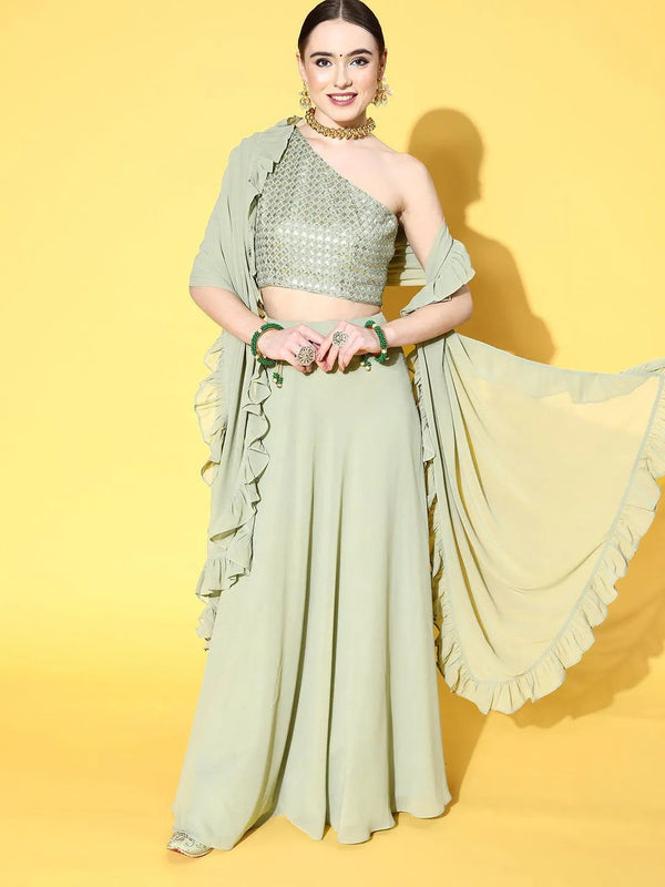 Green Sequinned Georgette Lehenga Set With Potli - Jashvi