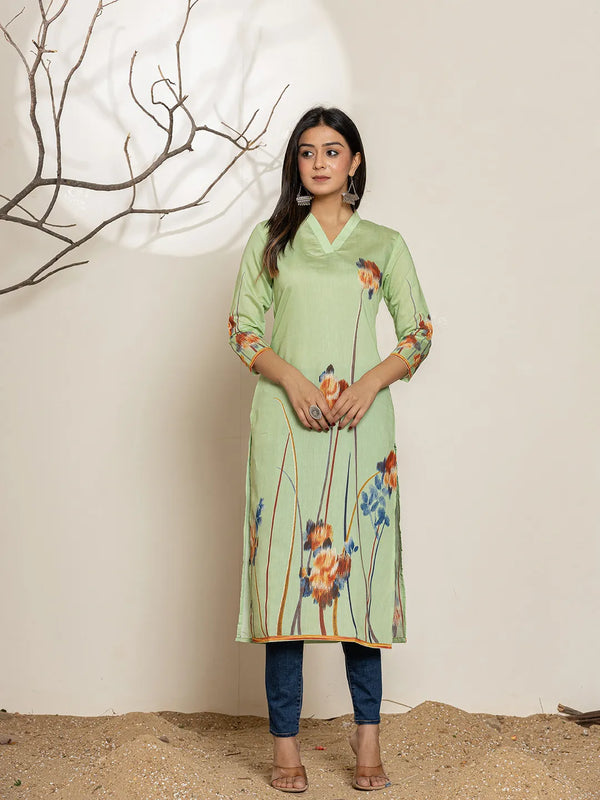 Green Silk Blend Digital Print Kurta-Indiakreations-JS6998KURGRS