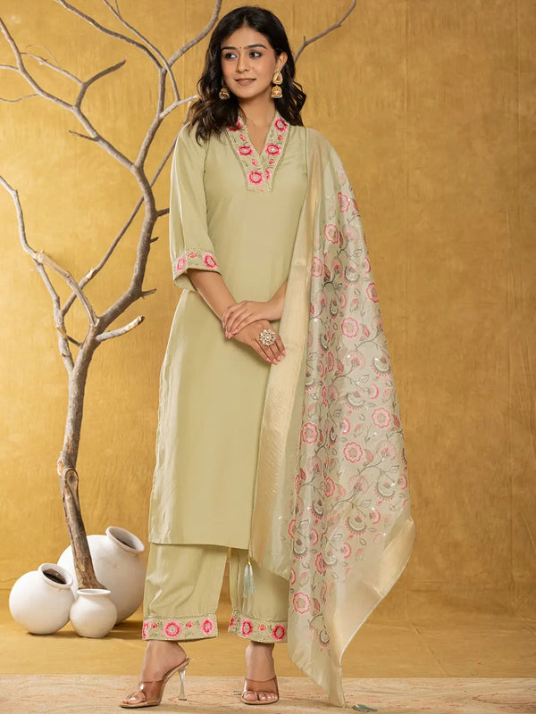 Green Silk Blend Pakistani Style Kurta Dupatta Set