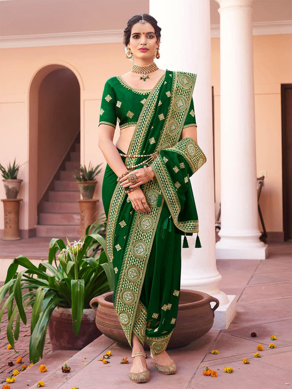 Women's Green Silk Blend Saree - Odette