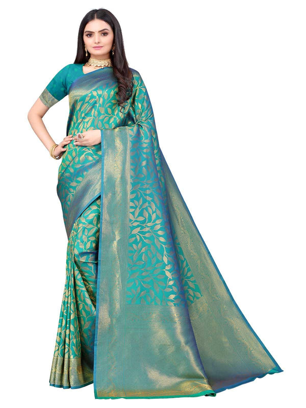 Women's Green Silk Blend Woven Saree With Blouse - Odette