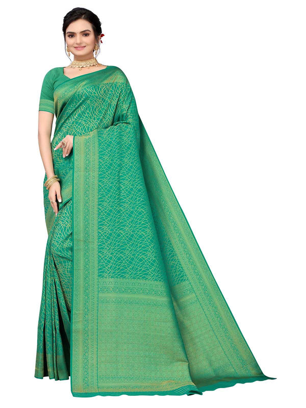 Women's Green Silk Blend Woven Saree With Blouse - Odette