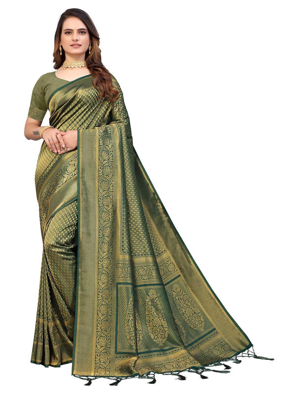 Women's Green Silk Blend Woven Saree With Blouse - Odette