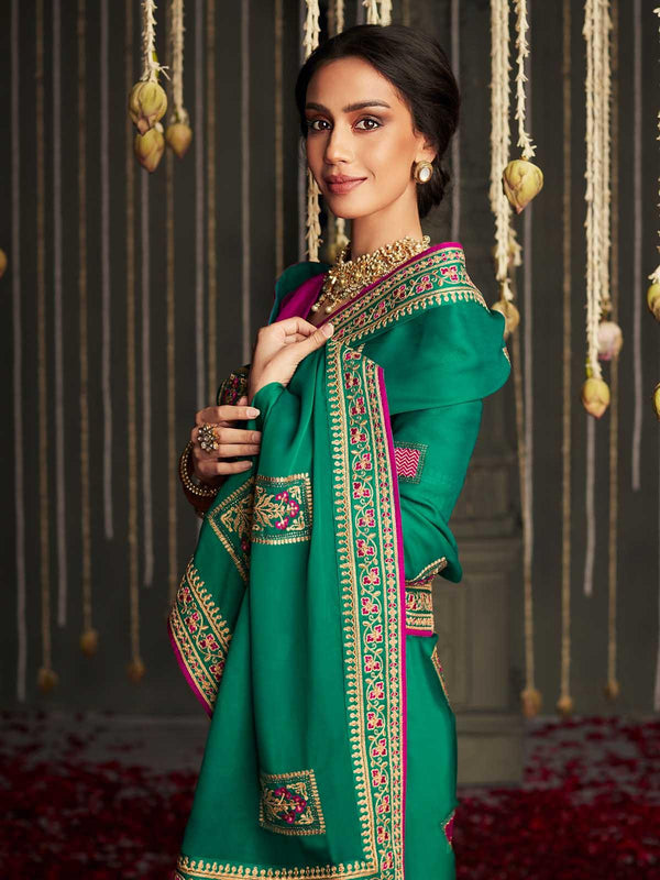 Women's Green Silk Woven Design Saree With Blouse - Odette