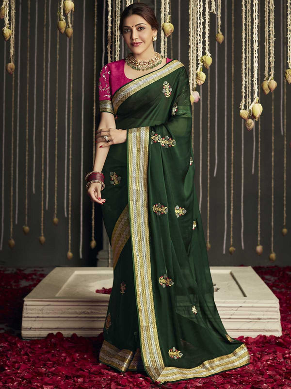 Women's Green Silk Woven Design Saree With Blouse - Odette