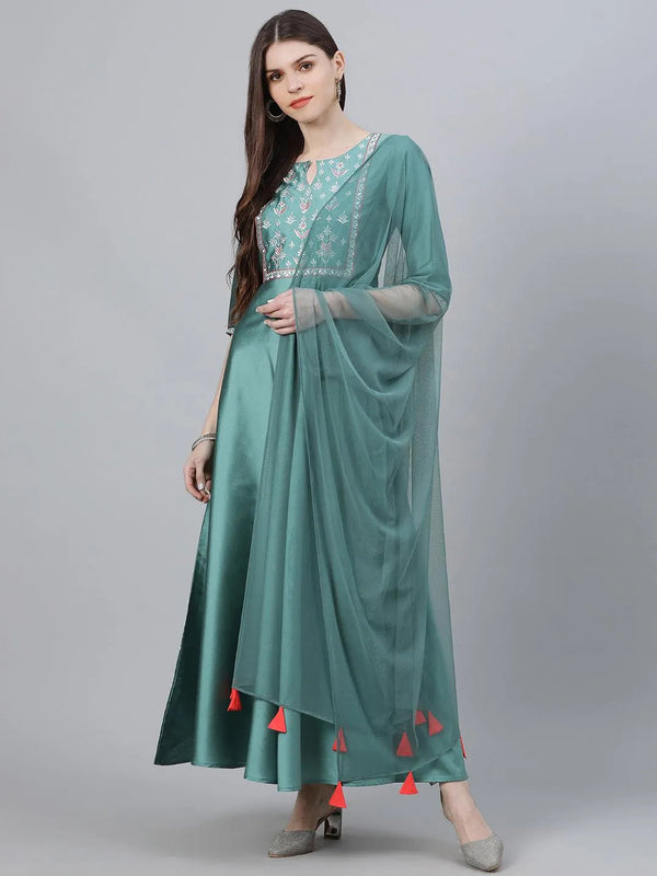 Green Solid Chanderi Dress With Dupatta - Jashvi