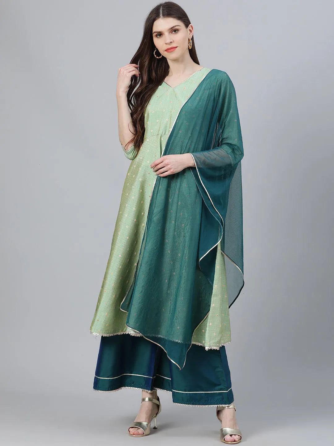 Green Solid Chanderi Suit Set - Jashvi