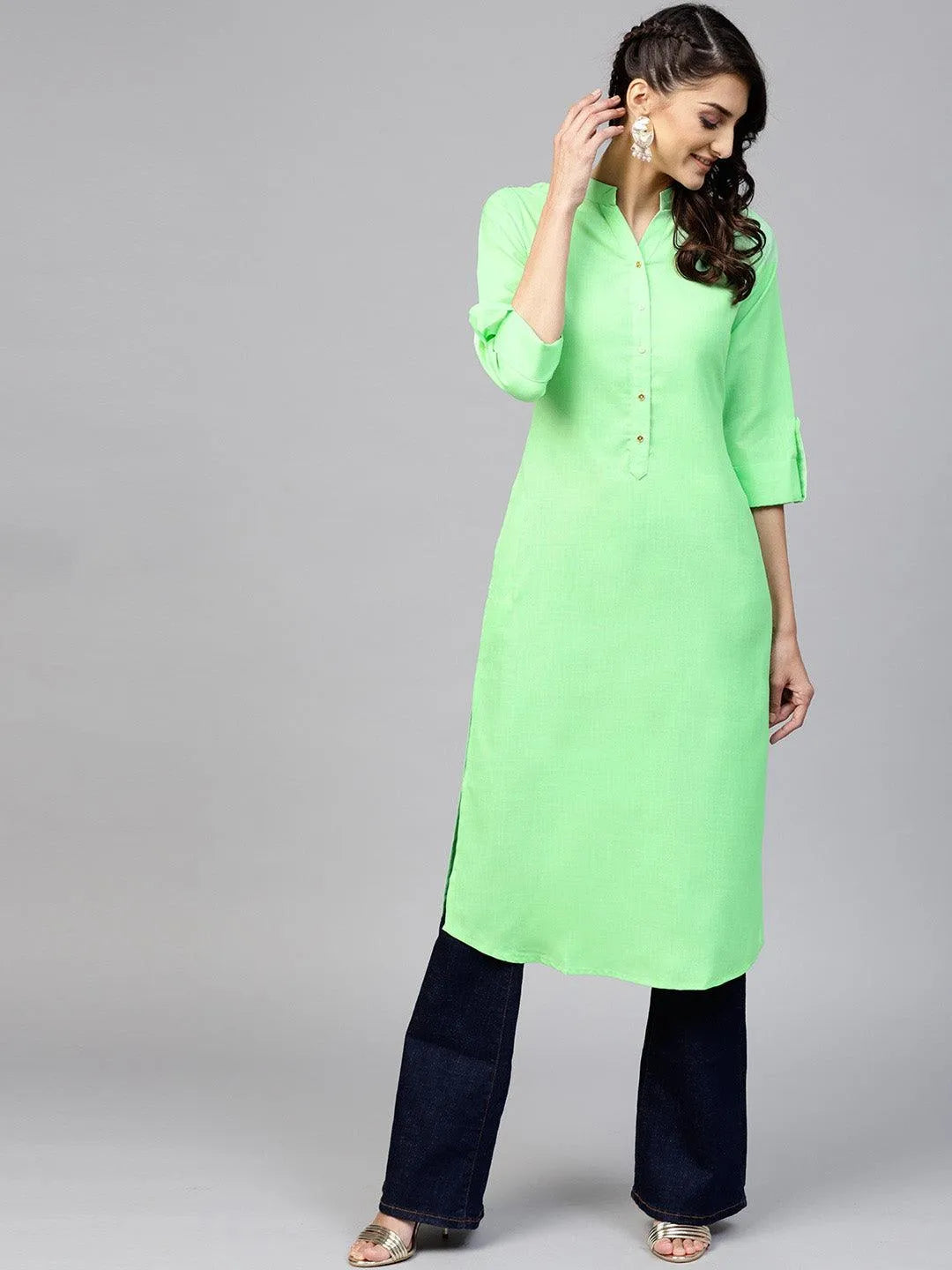 Green Solid Cotton Kurta - Jashvi