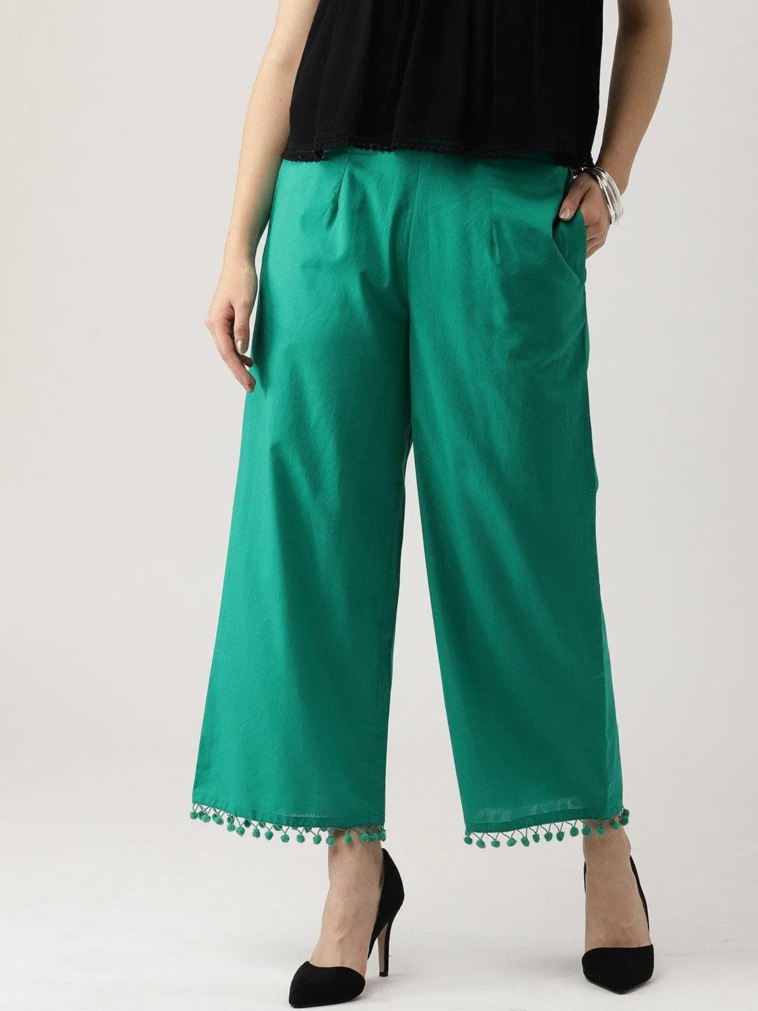 Green Solid Cotton Palazzos - Jashvi