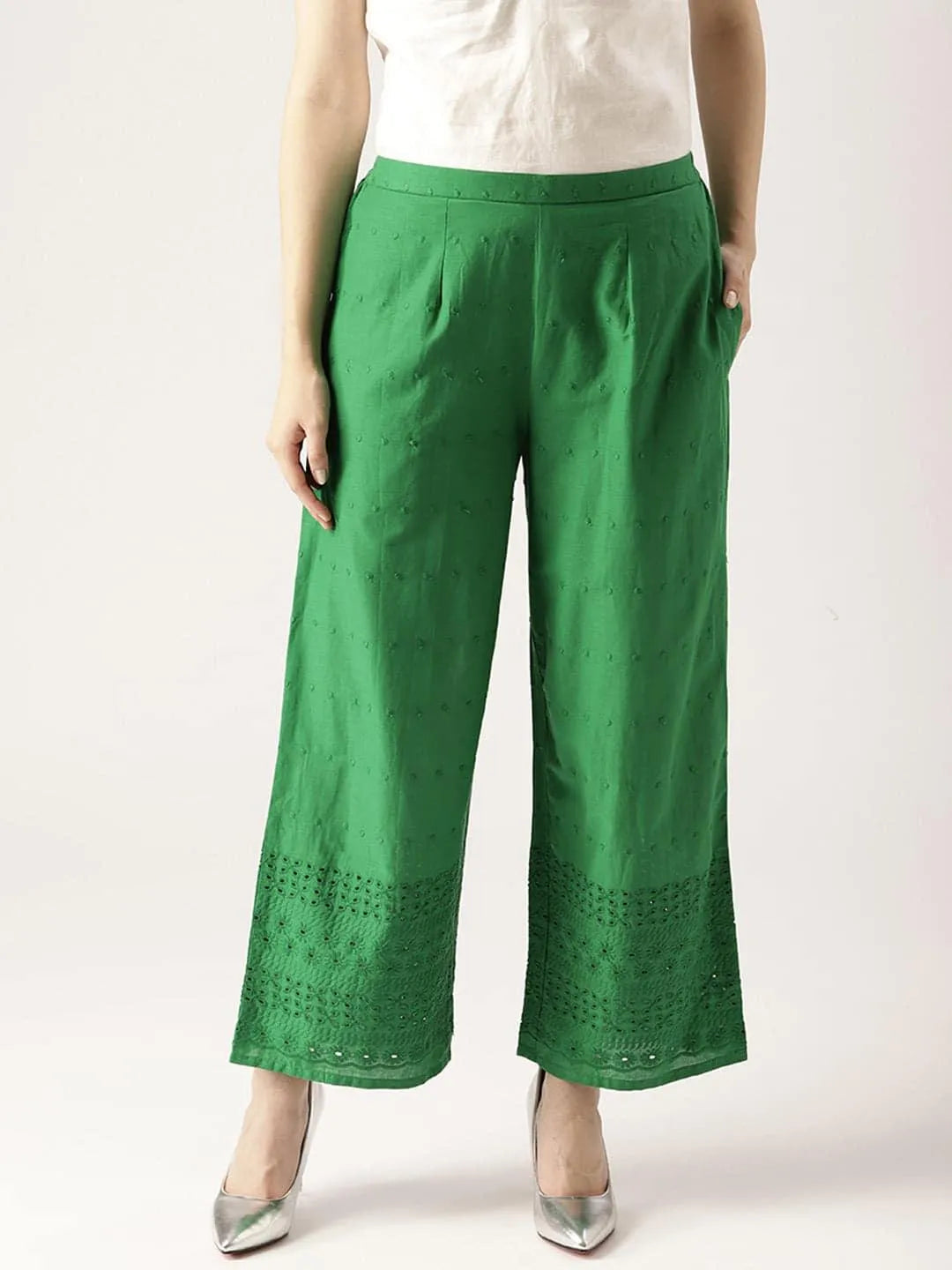 Green Solid Cotton Palazzos - Jashvi