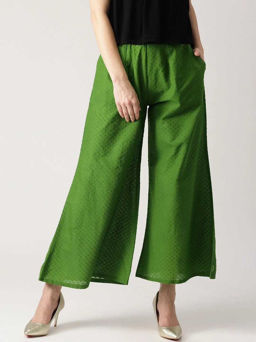 Green Solid Cotton Palazzos - Jashvi