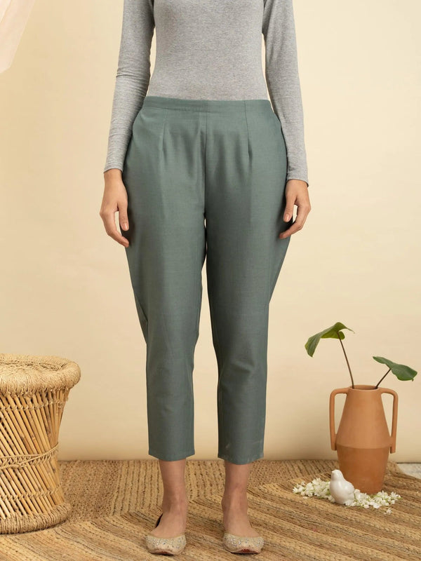 Green Solid Cotton Trousers - Jashvi