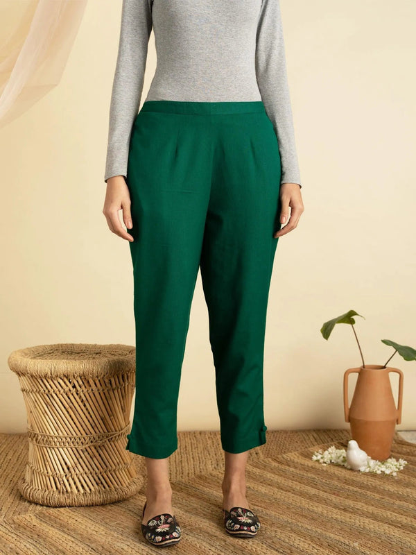 Green Solid Cotton Trousers - Jashvi